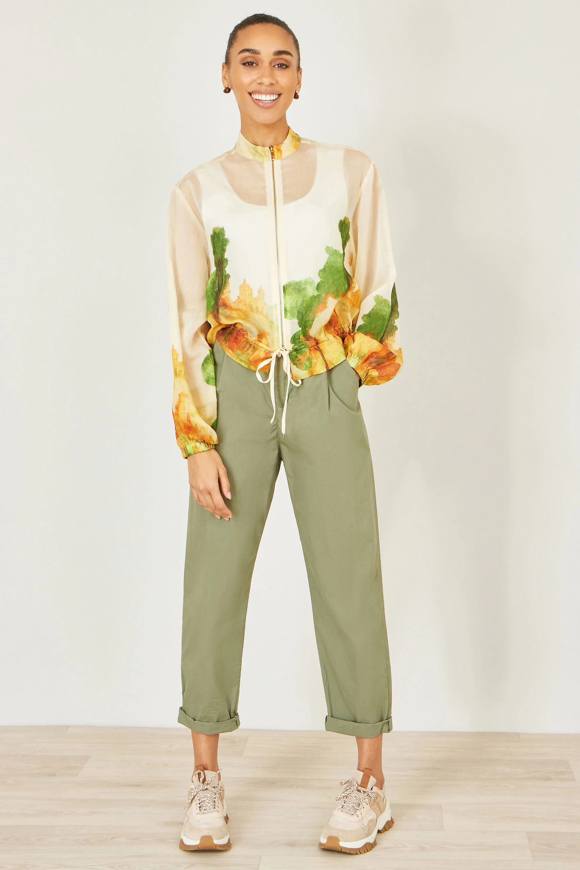 Yumi Beige Printed Lightweight Modal Bomber Jacket - Image 5