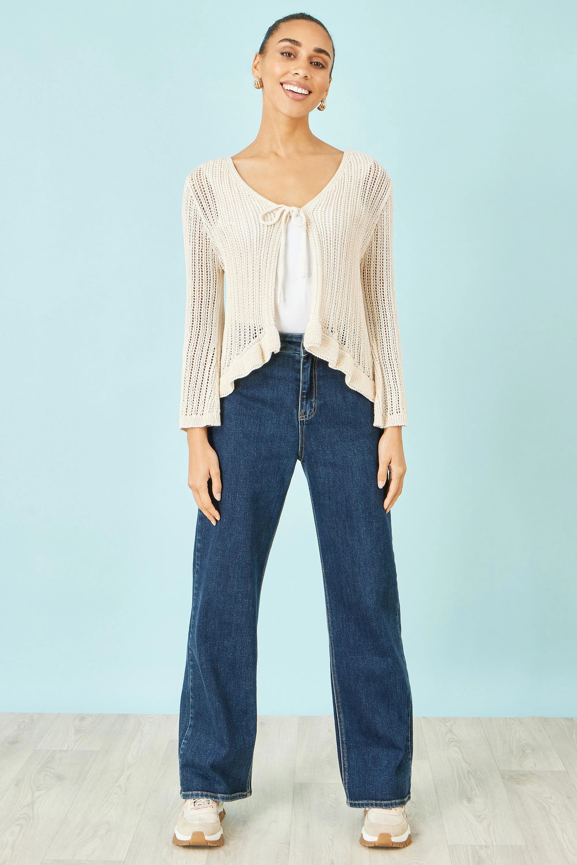 Yumi Beige Tie Front Pointelle Cardigan - Image 2