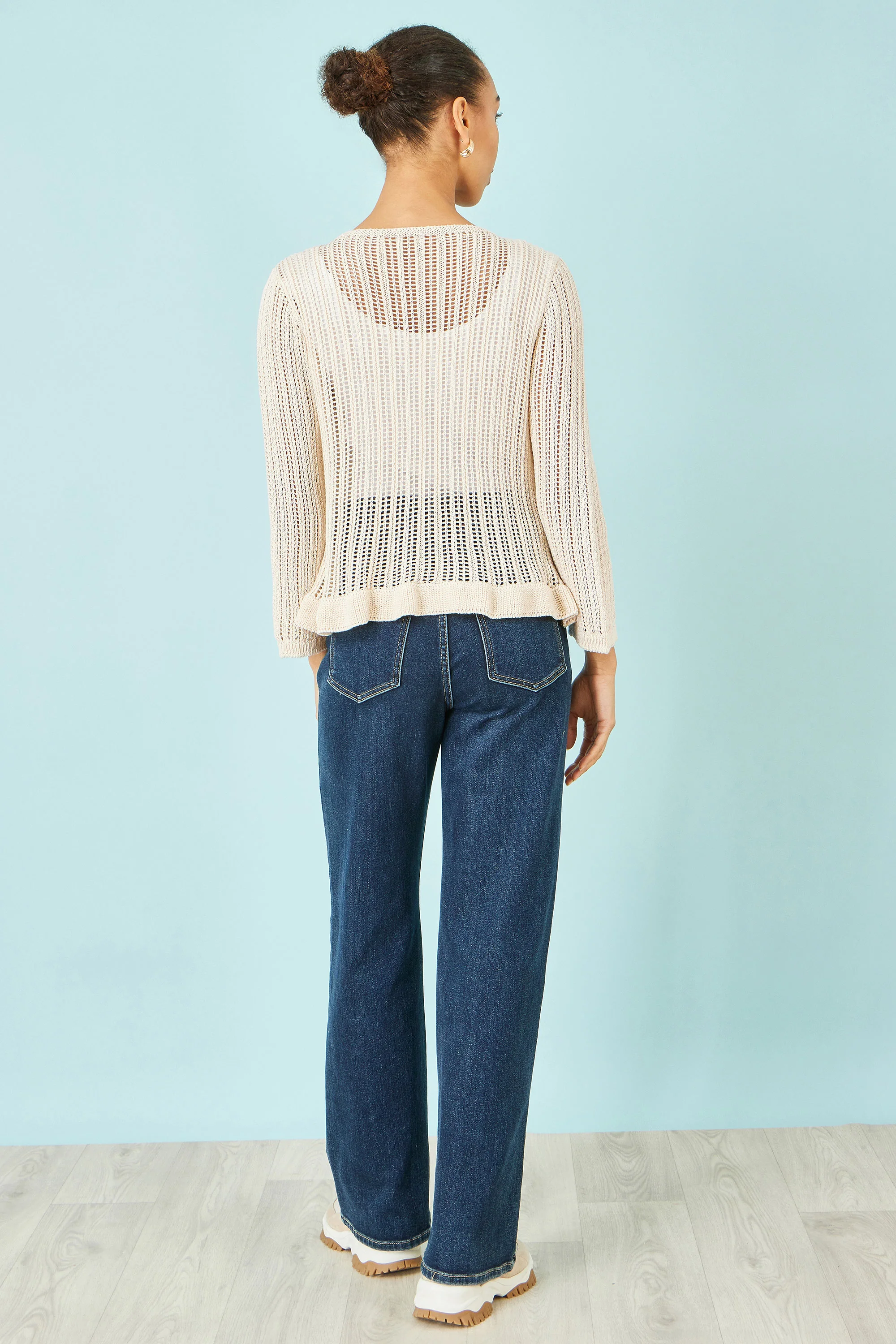 Yumi Beige Tie Front Pointelle Cardigan - Image 4