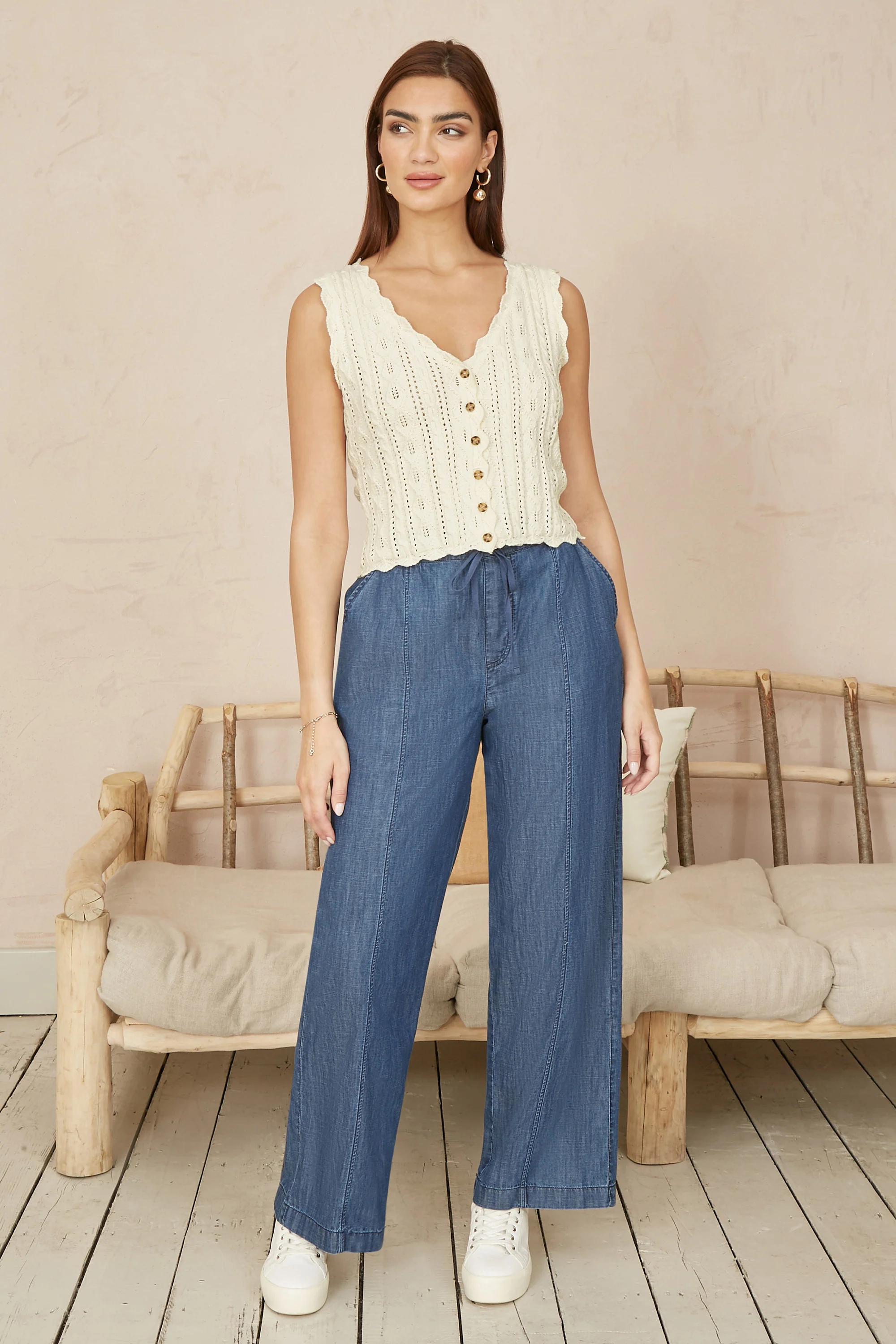 Yumi Beige V Neck Button Down Crochet Knitted Top - Image 2