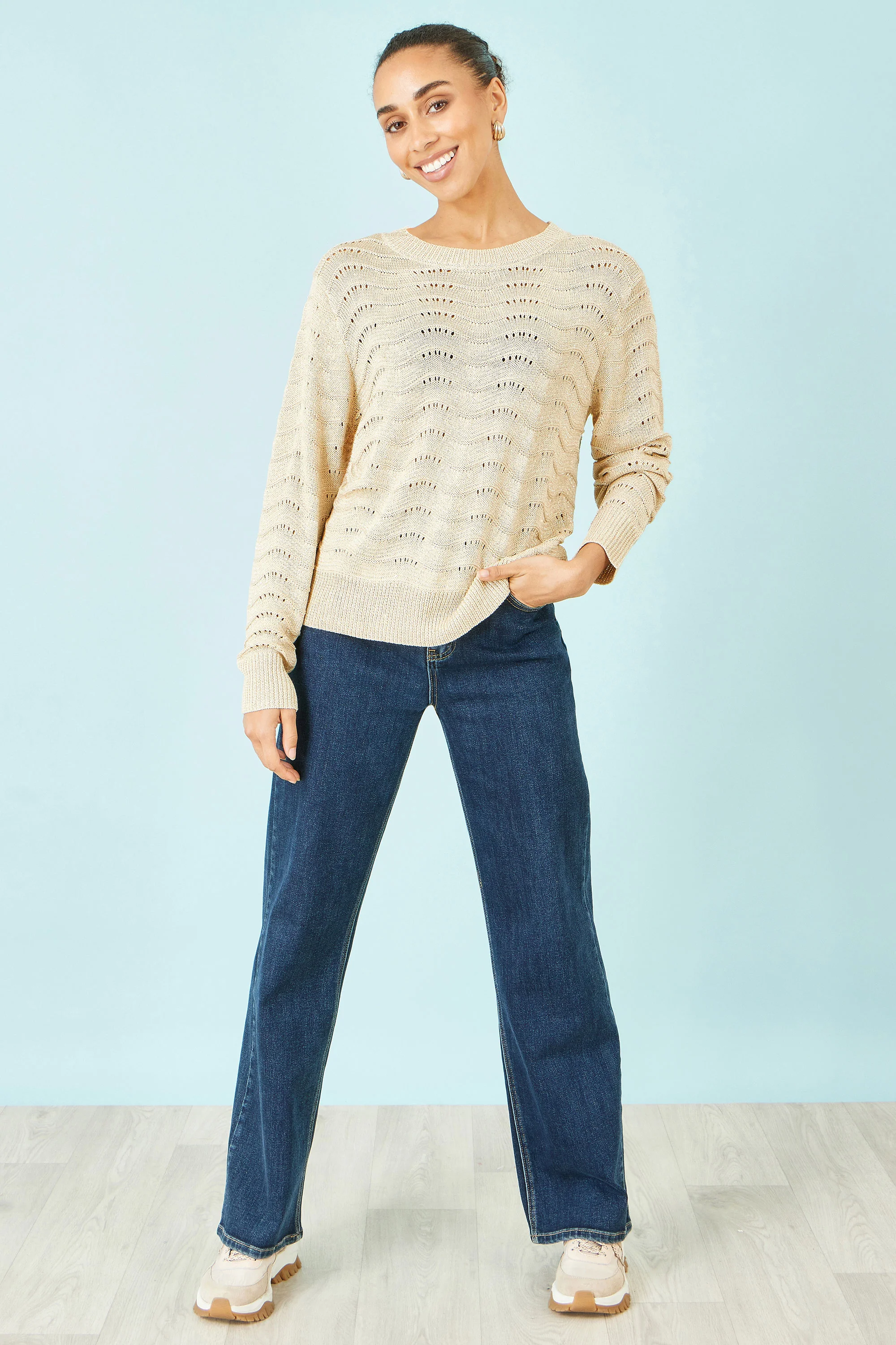 Yumi Beige Wave Metallic Thread Relaxed Jumper - Image 3