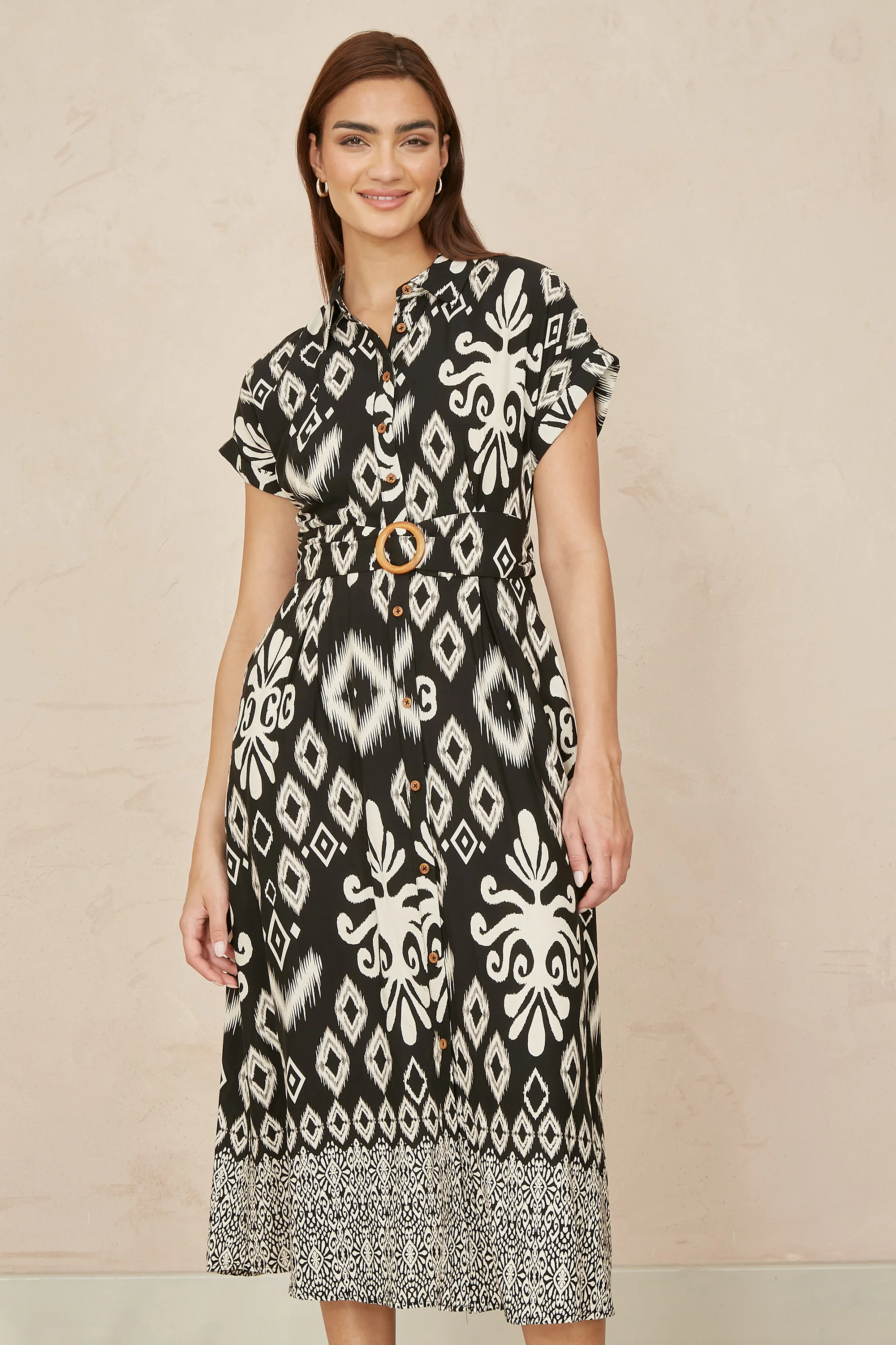 Yumi Black Abstract Geo Print Relaxed Midi Shirt Dress With Belt - Image 7