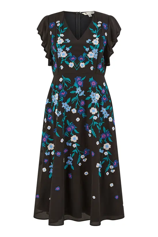 Yumi Black All Over Floral Embroidery Midi Skater Dress - Image 4