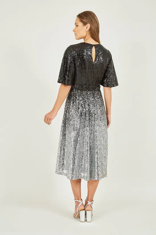 Yumi Black And Silver Ombre Sequin Midi Wrap Dress - Image 2
