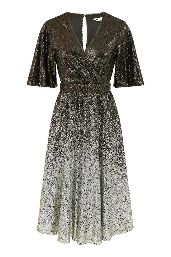 Yumi Black And Silver Ombre Sequin Midi Wrap Dress - Image 3