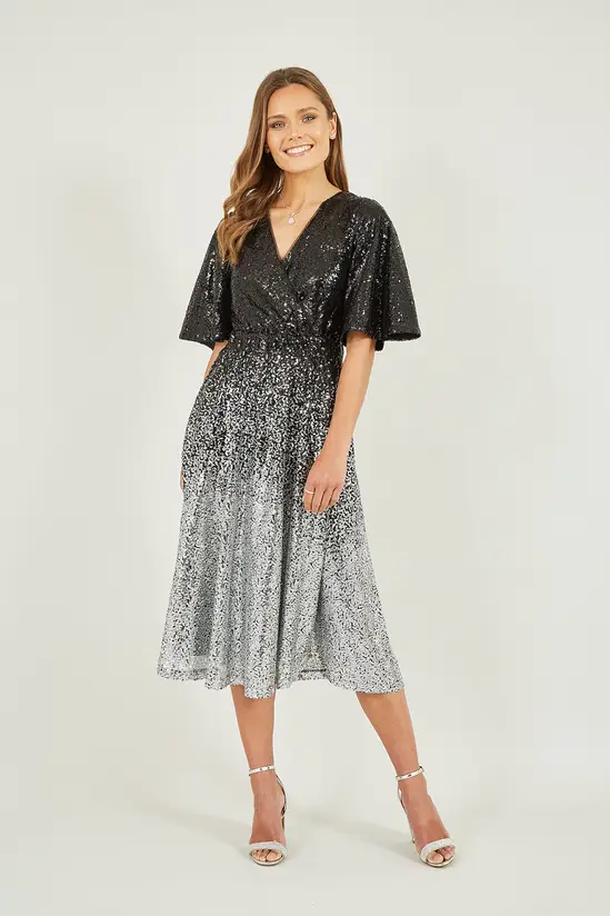 Yumi Black And Silver Ombre Sequin Midi Wrap Dress - Image 4