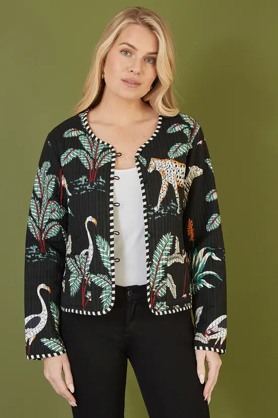 Yumi Black Animal Print Reversible Cotton Cropped Quilted Jacket - Image 2