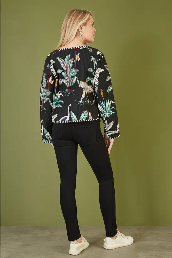 Yumi Black Animal Print Reversible Cotton Cropped Quilted Jacket - Image 5