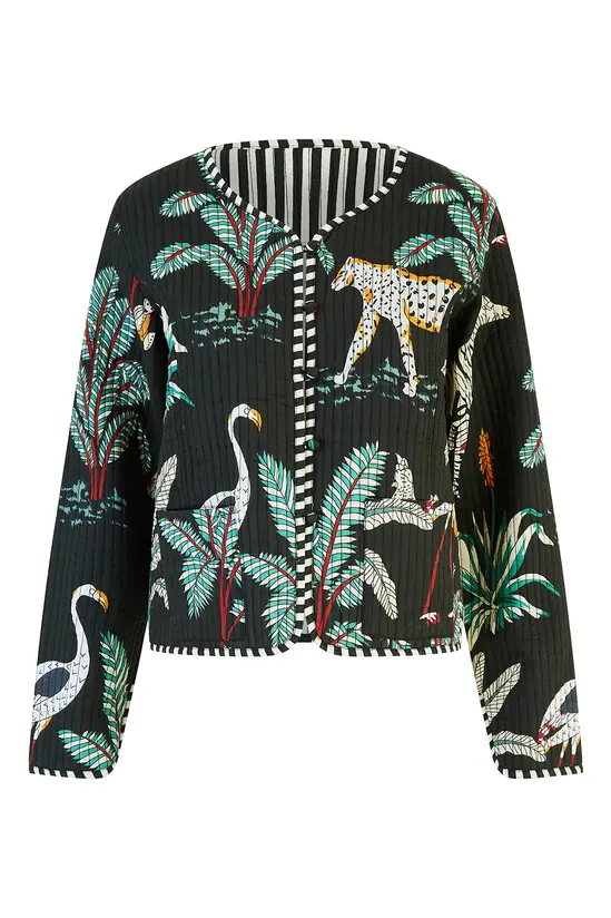 Yumi Black Animal Print Reversible Cotton Cropped Quilted Jacket - Image 6
