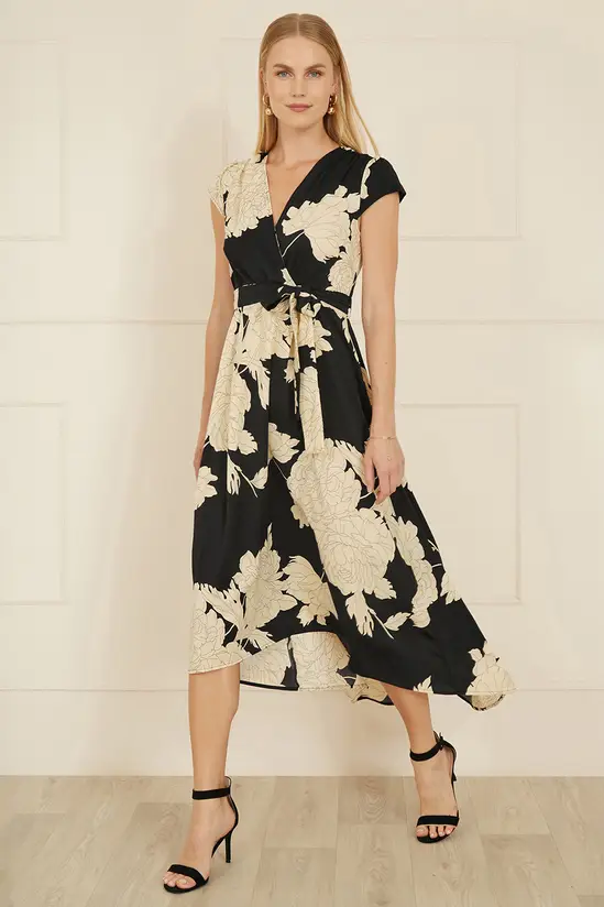Yumi Black Blossom Print Wrap Midi With Dipped Hem - Image 4