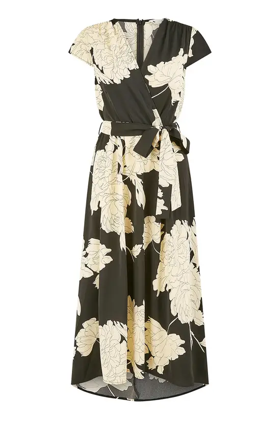 Yumi Black Blossom Print Wrap Midi With Dipped Hem - Image 6