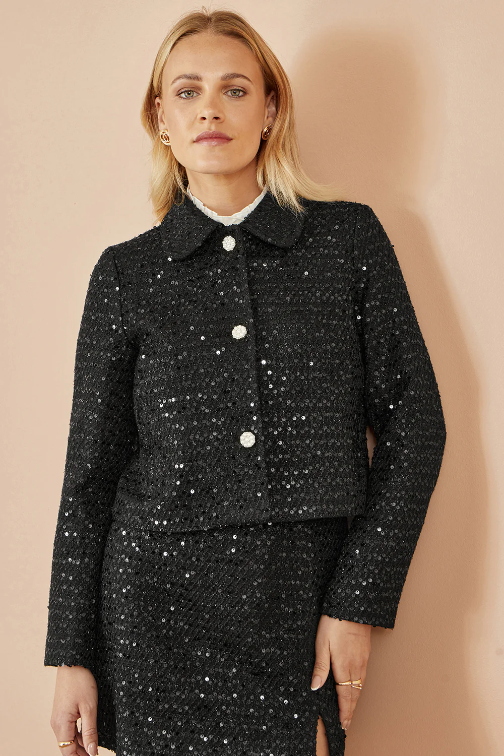 Yumi Black Boucle Sequin Jacket With Pearl Buttons - Image 3
