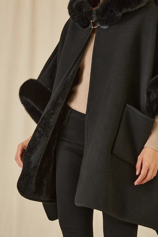 Yumi Black Cape With Luxe Fur Trim And Lining - Image 3