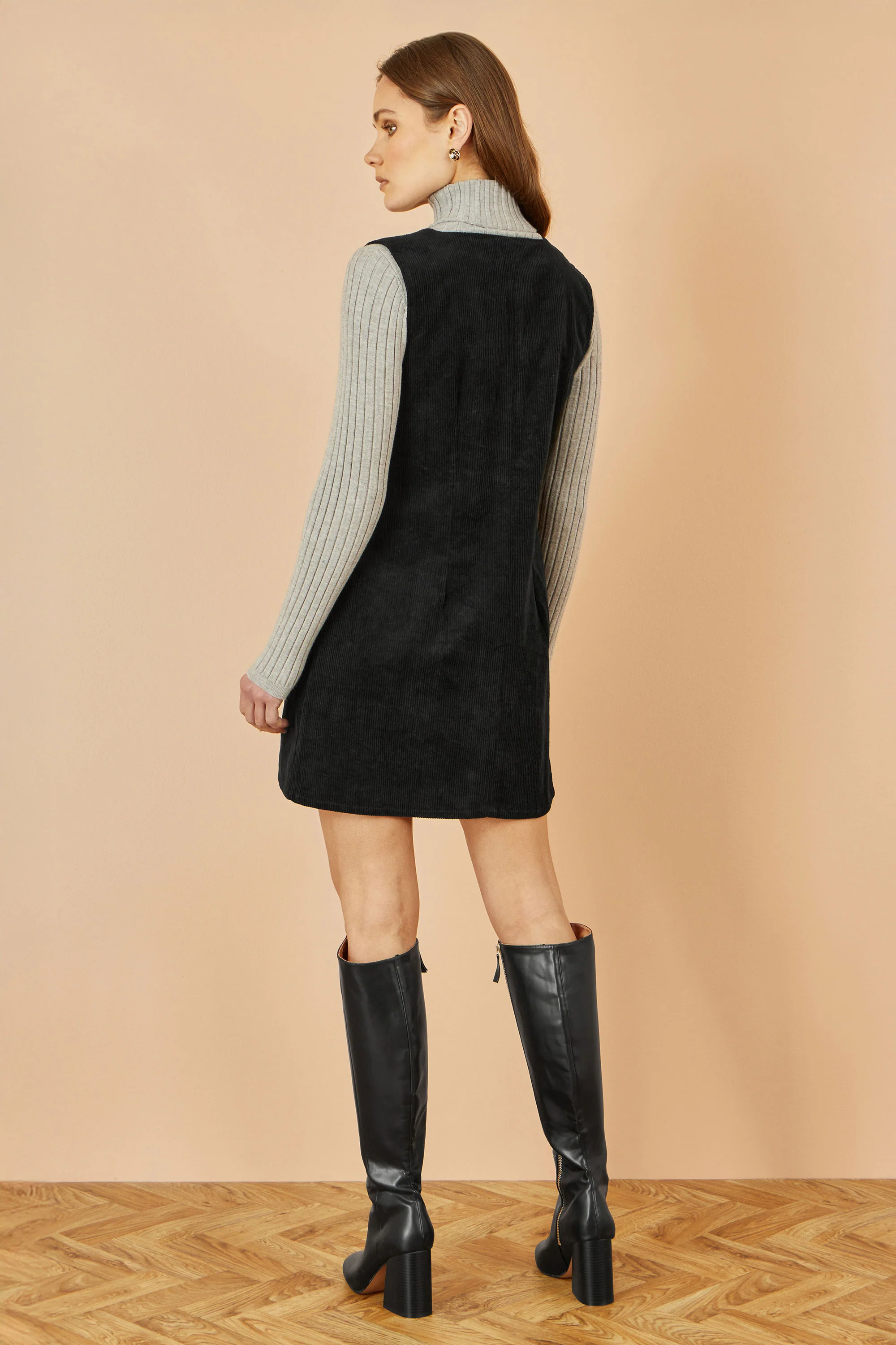 Yumi Black Cord Button Through Pinafore Dress With Pockets - Image 4