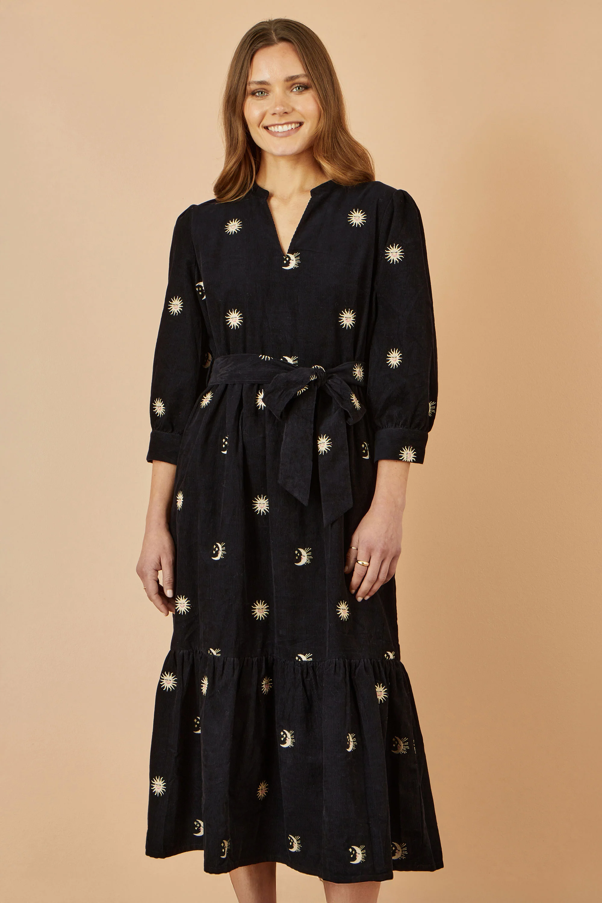 Yumi Black Cosmic Embroidery Cord Midi Shirt Dress - Image 3