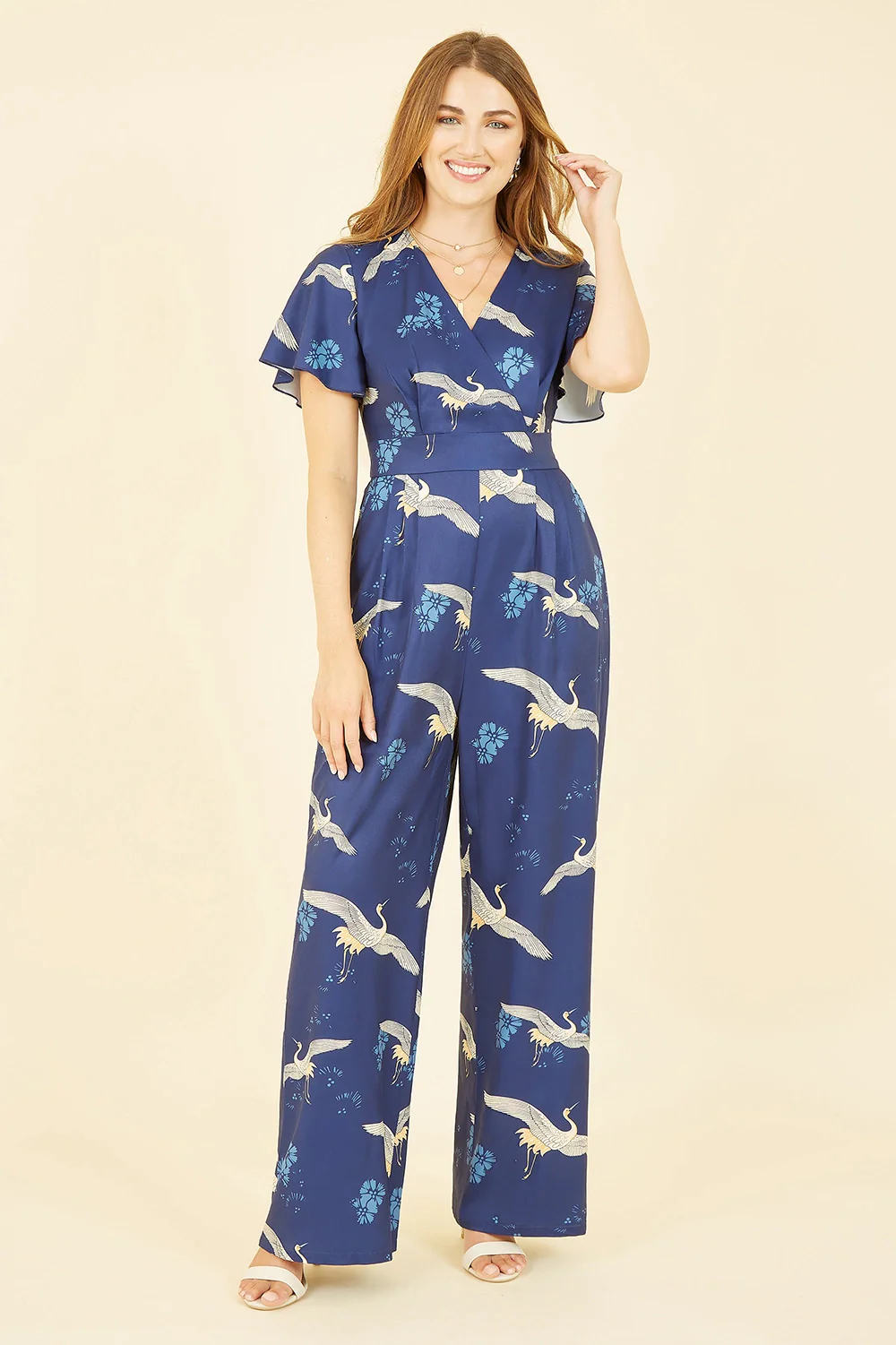 Yumi Black Crane Print Angel Sleeve Jumpsuit - Image 3