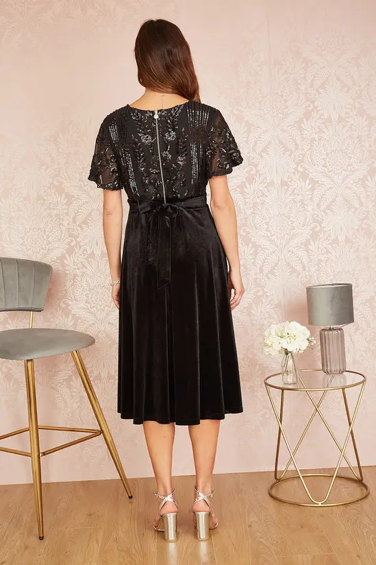 Yumi Black Embellished Velvet Wrap Skater Midi Dress - Image 5