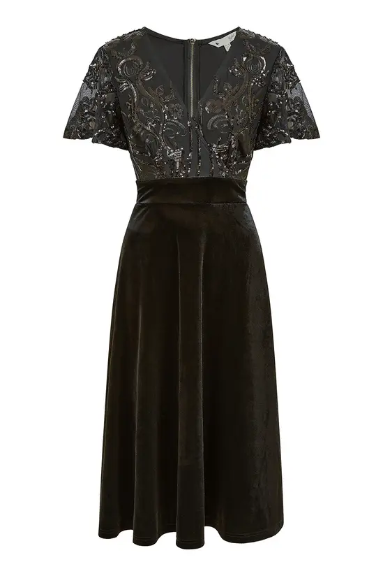 Yumi Black Embellished Velvet Wrap Skater Midi Dress - Image 6