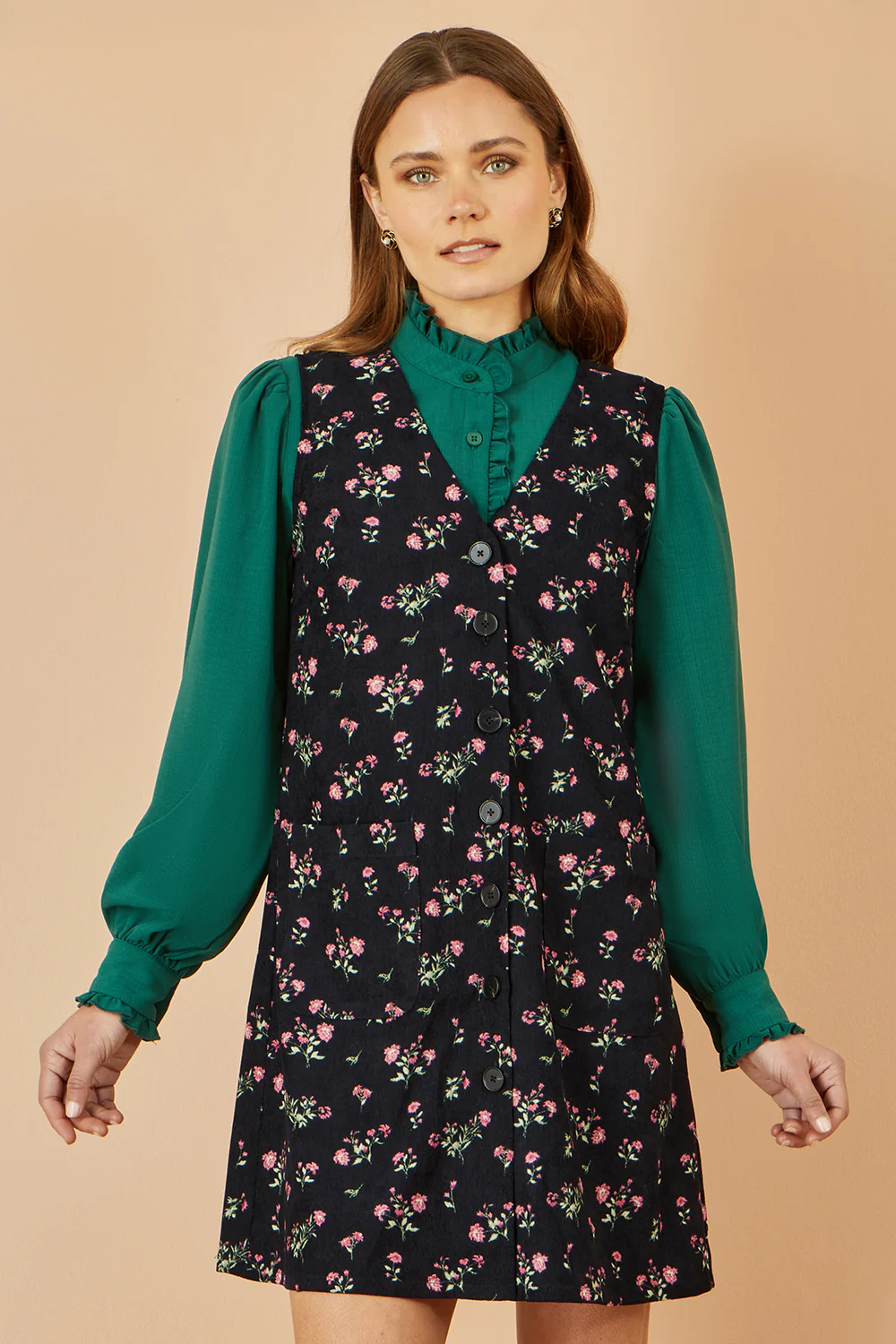 Yumi Black Floral Print Pinafore Dress With Button Up - Image 6