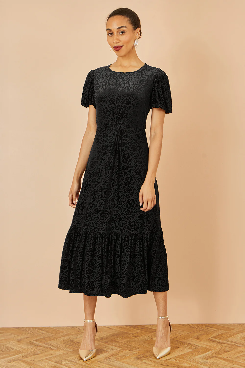 Yumi Black Floral Velour Velvet Twist Waist Midi Dress - Image 2