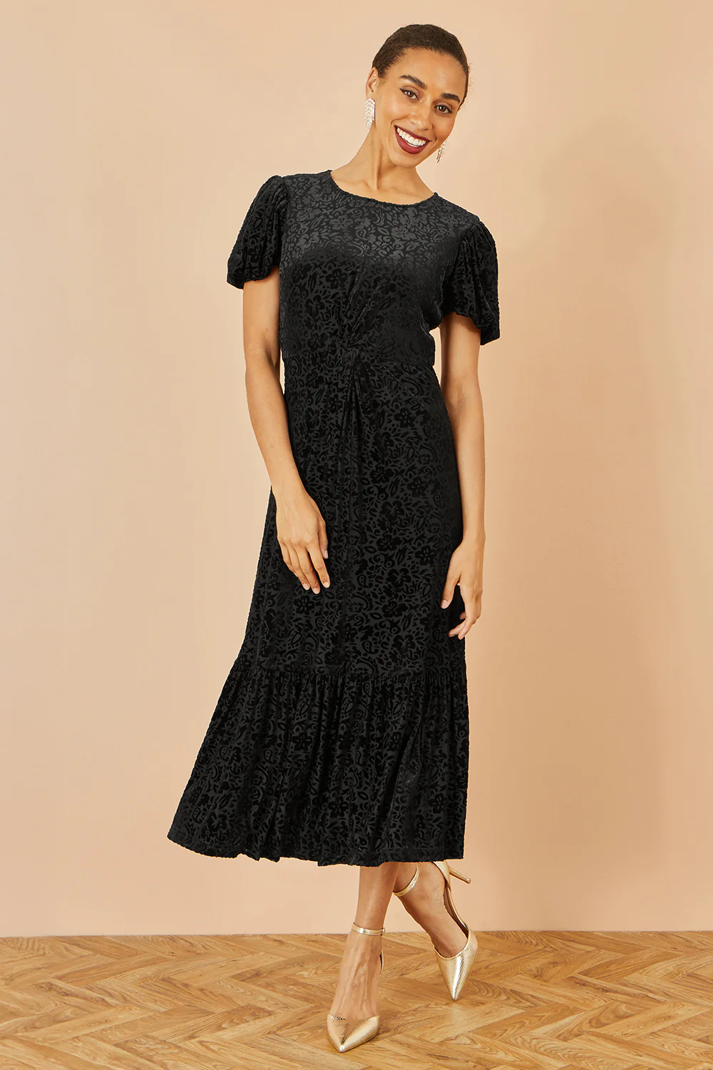 Yumi Black Floral Velour Velvet Twist Waist Midi Dress - Image 5