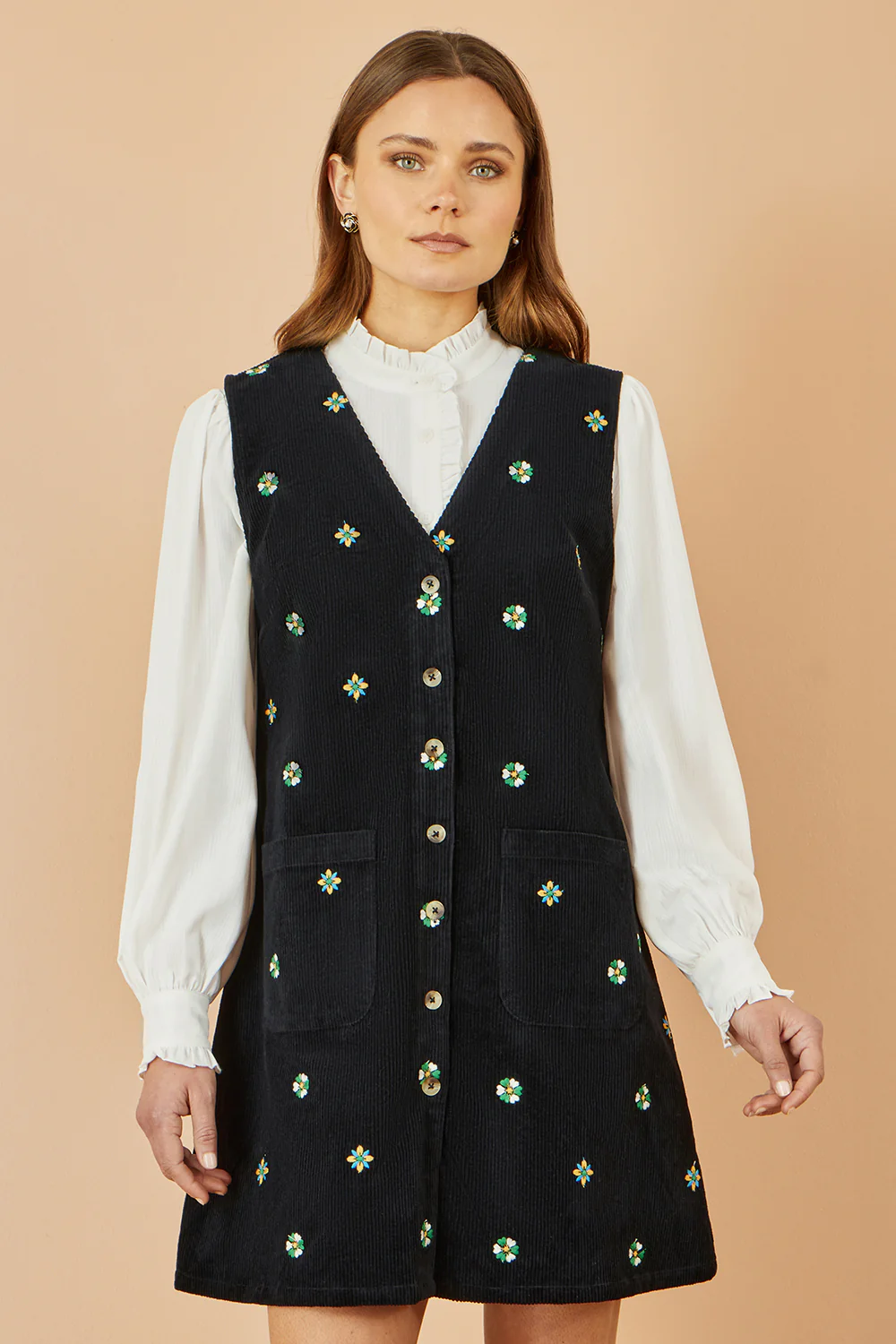 Yumi Black Flower Embroidered Button Up Pinafore Dress - Image 5