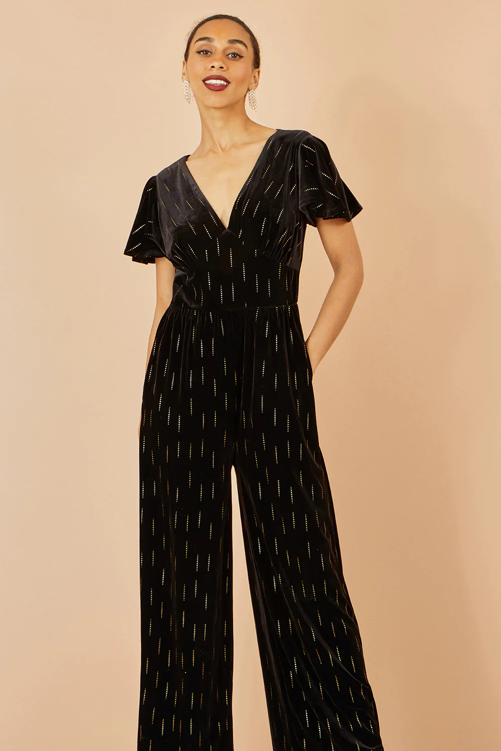 Yumi Black Foil Print Velvet Jumpsuit - Image 2