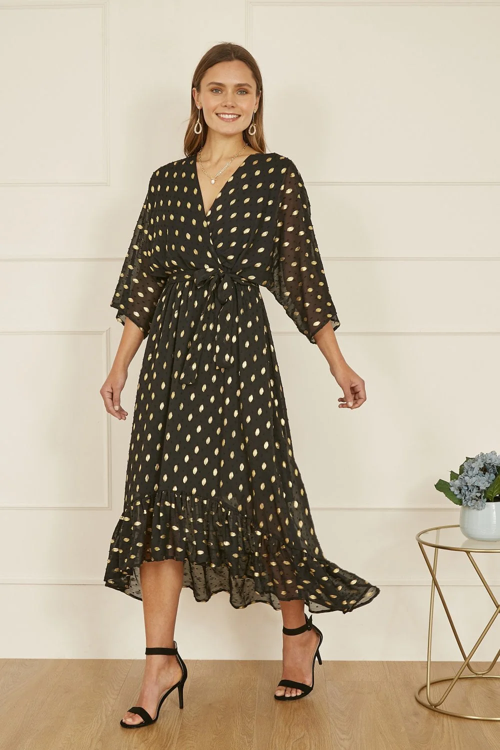 Yumi Black Foil Print Wrap Over Dip Hem Midi Dress - Image 4