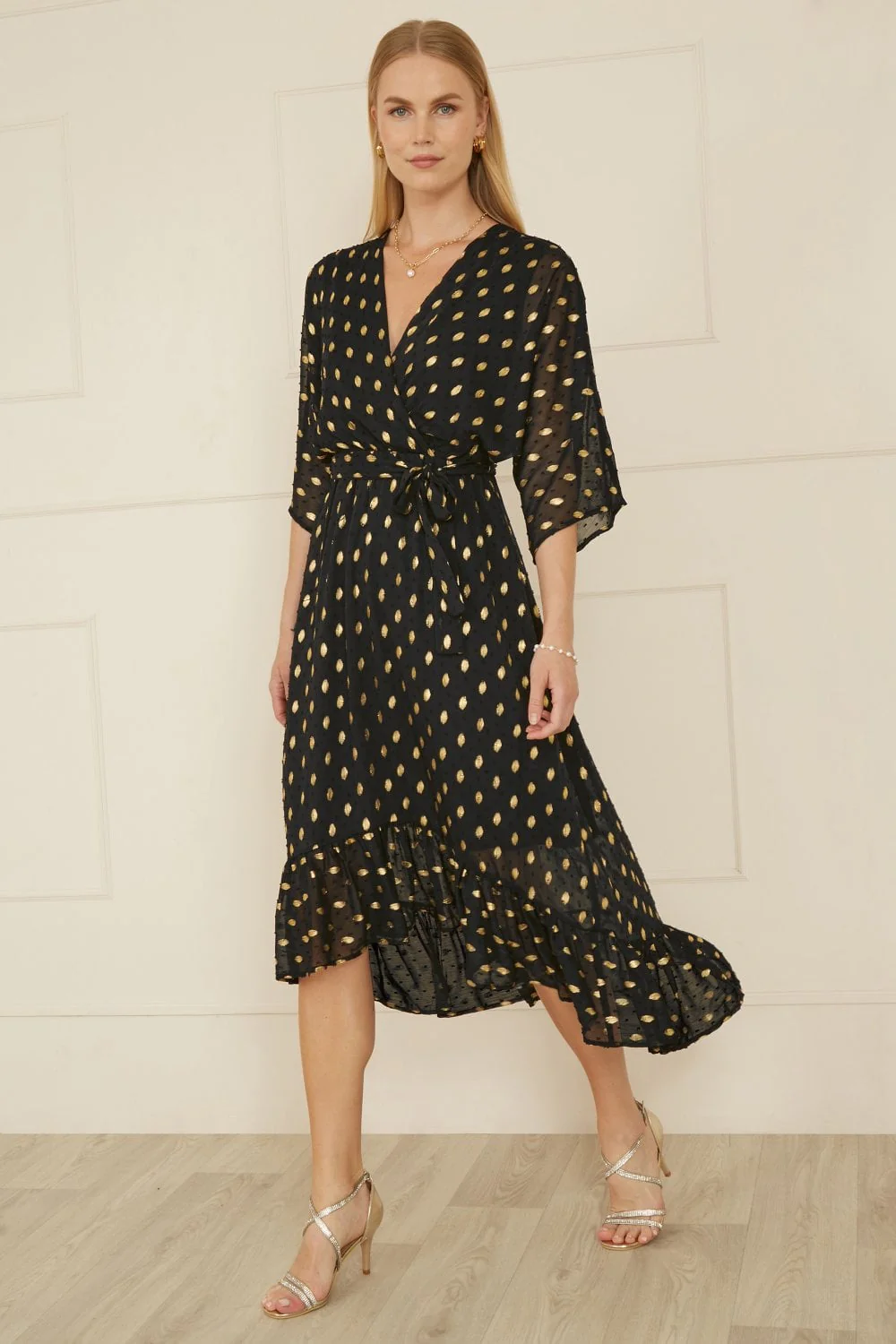 Yumi Black Foil Print Wrap Over Dip Hem Midi Dress - Image 5