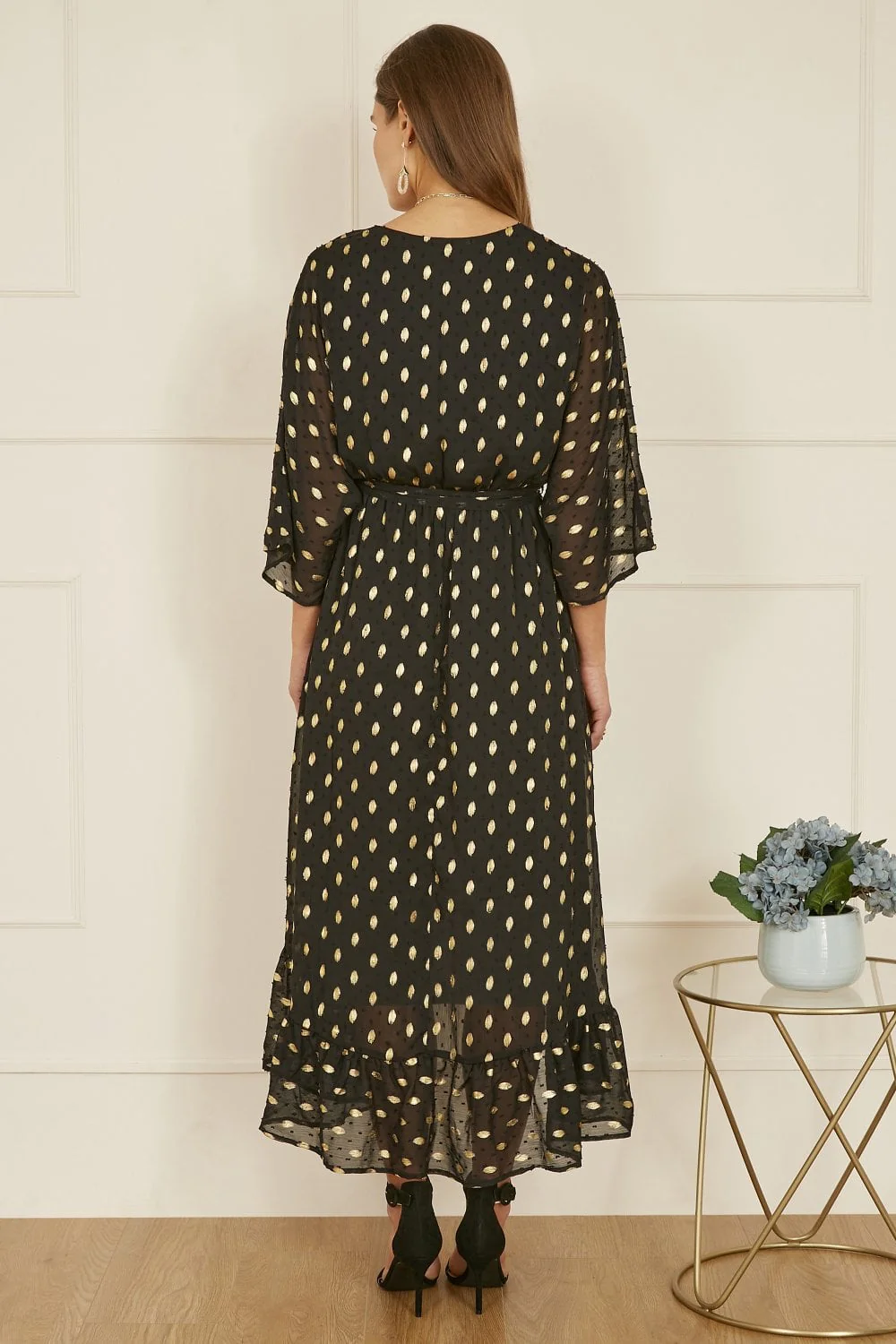 Yumi Black Foil Print Wrap Over Dip Hem Midi Dress - Image 6