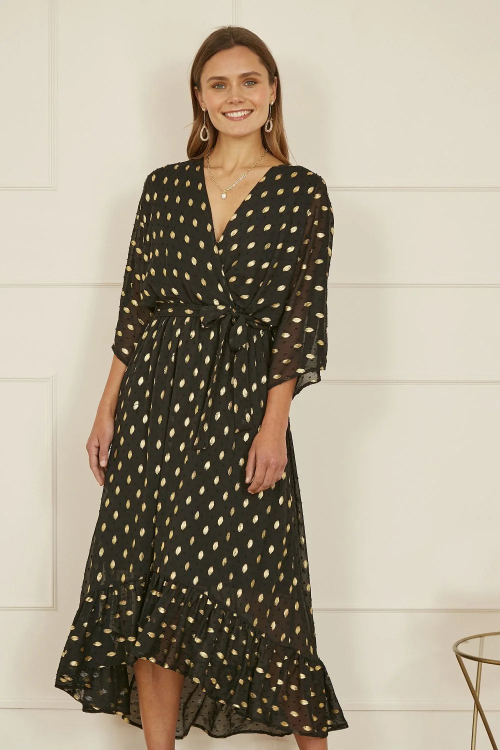 Yumi Black Foil Print Wrap Over Dip Hem Midi Dress - Image 7
