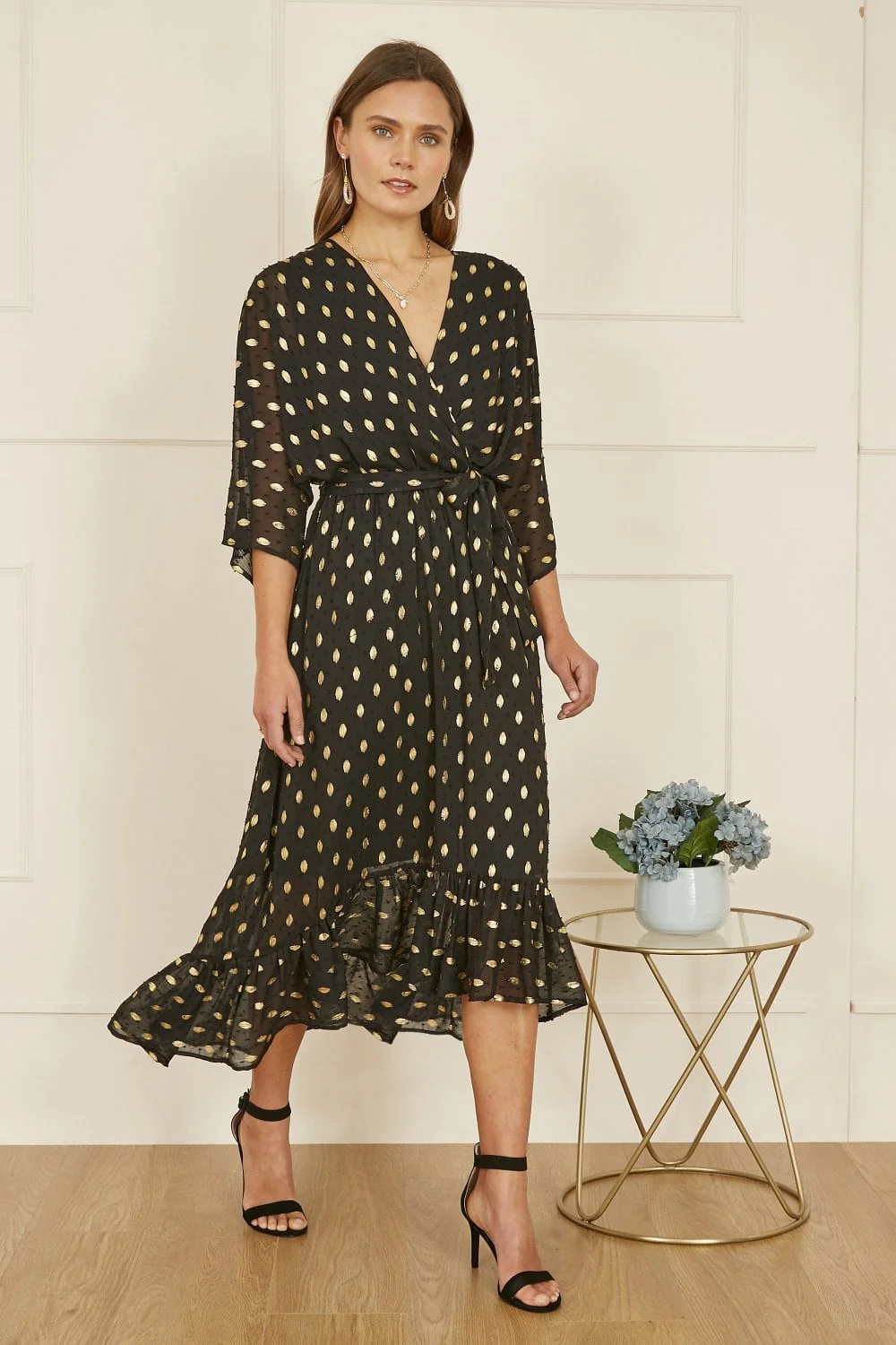 Yumi Black Foil Print Wrap Over Dip Hem Midi Dress - Image 8