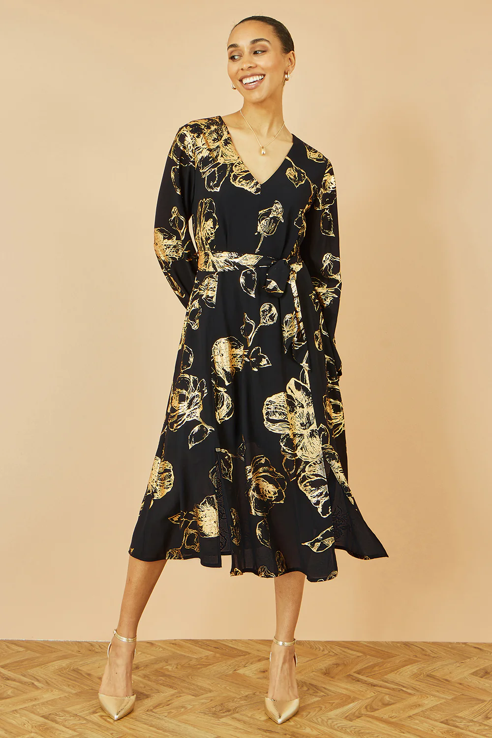 Yumi Black Foil Rose Print Midi Dress - Image 3