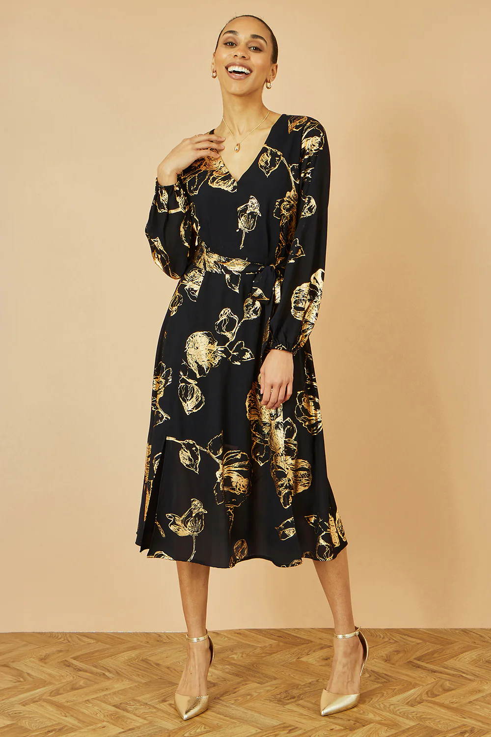 Yumi Black Foil Rose Print Midi Dress - Image 6