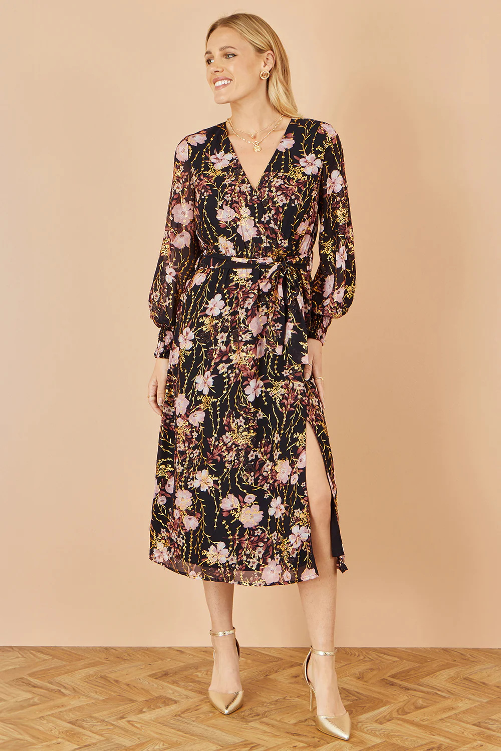 Yumi Black Foiled Floral Print Wrap Midi Dress - Image 2