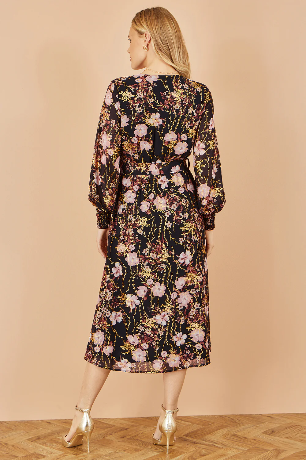 Yumi Black Foiled Floral Print Wrap Midi Dress - Image 5