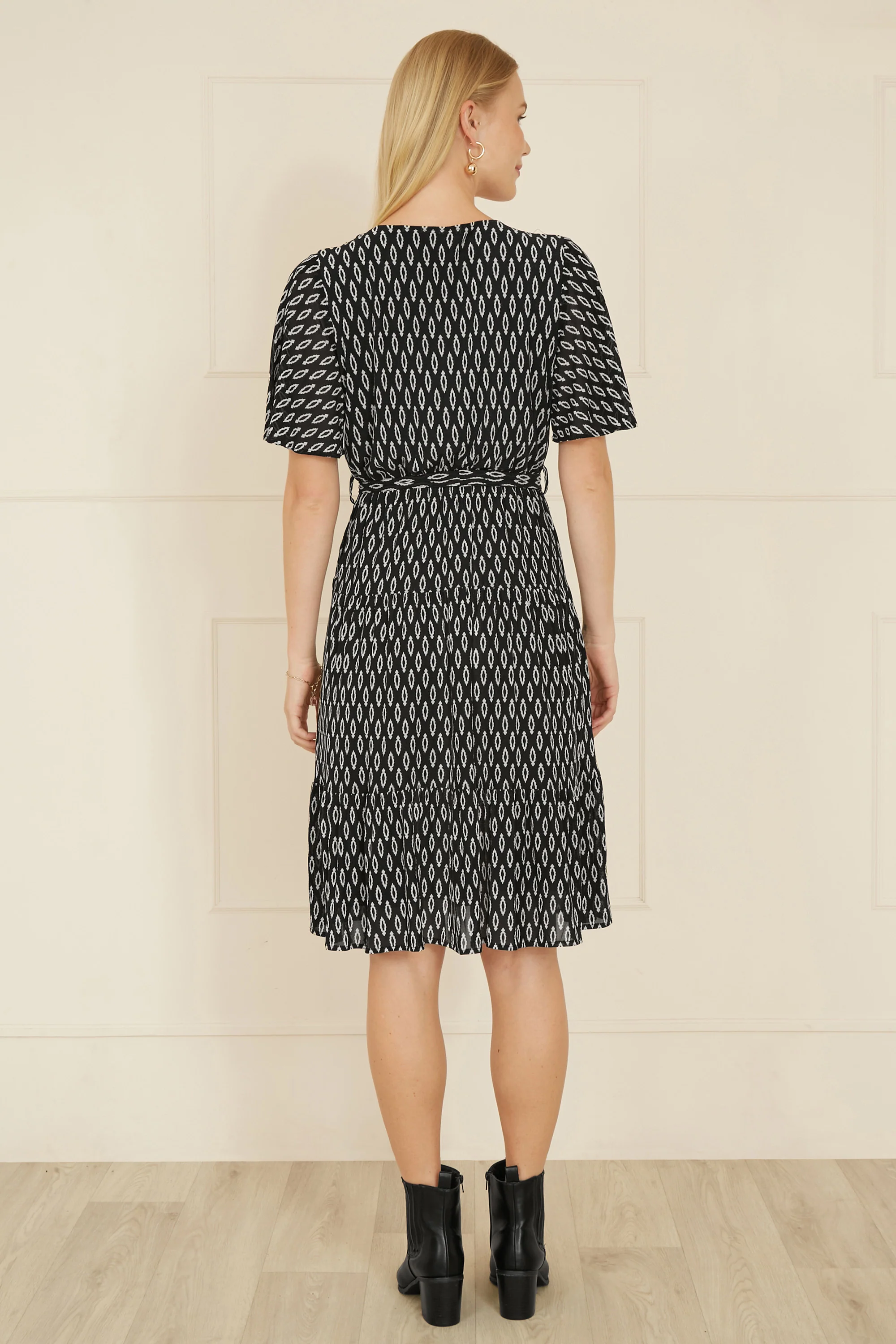 Yumi Black Geo Print Mesh Stretch Midi Skater Dress - Image 3