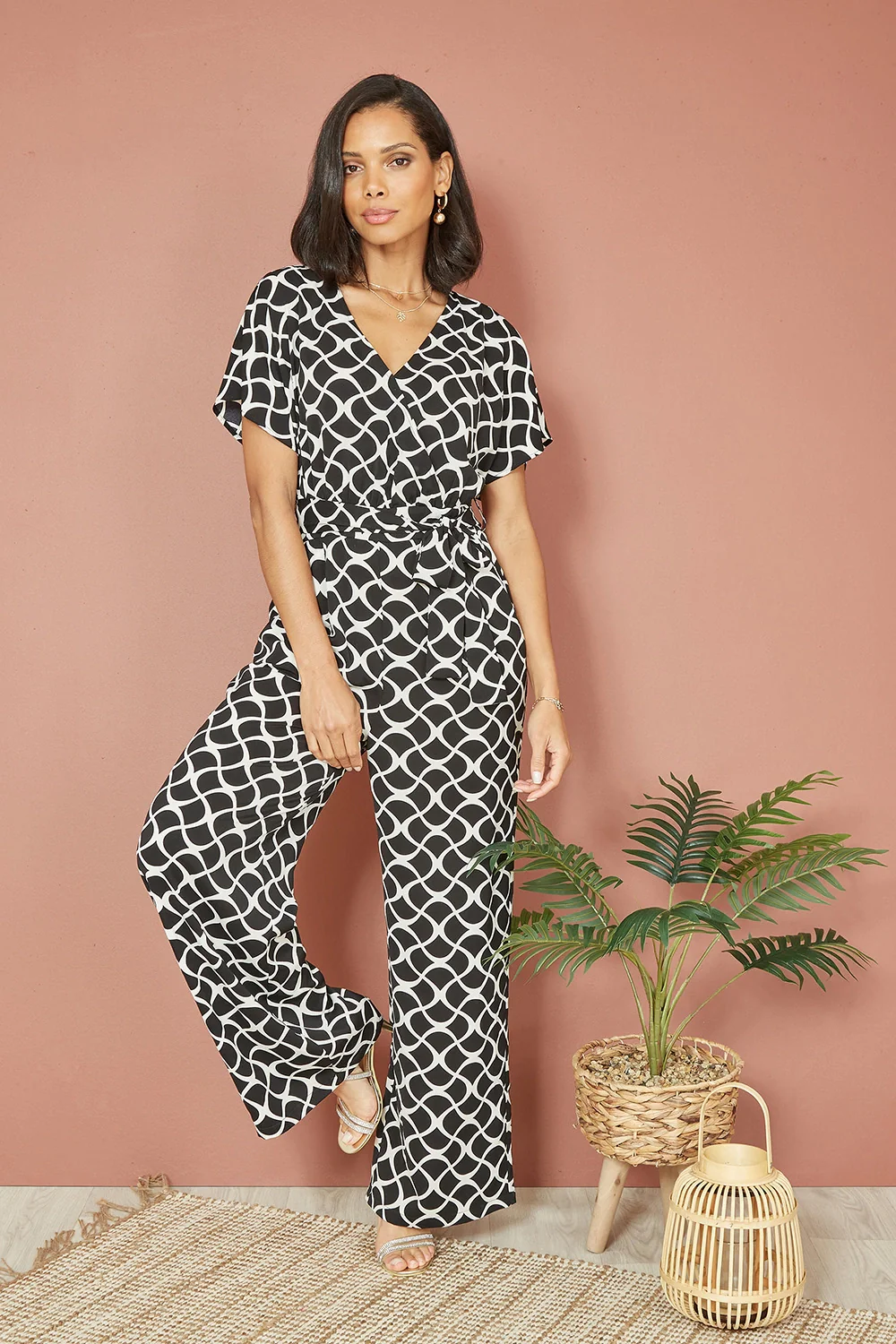 Yumi Black Geometric Print Wrap Jumpsuit - Image 3