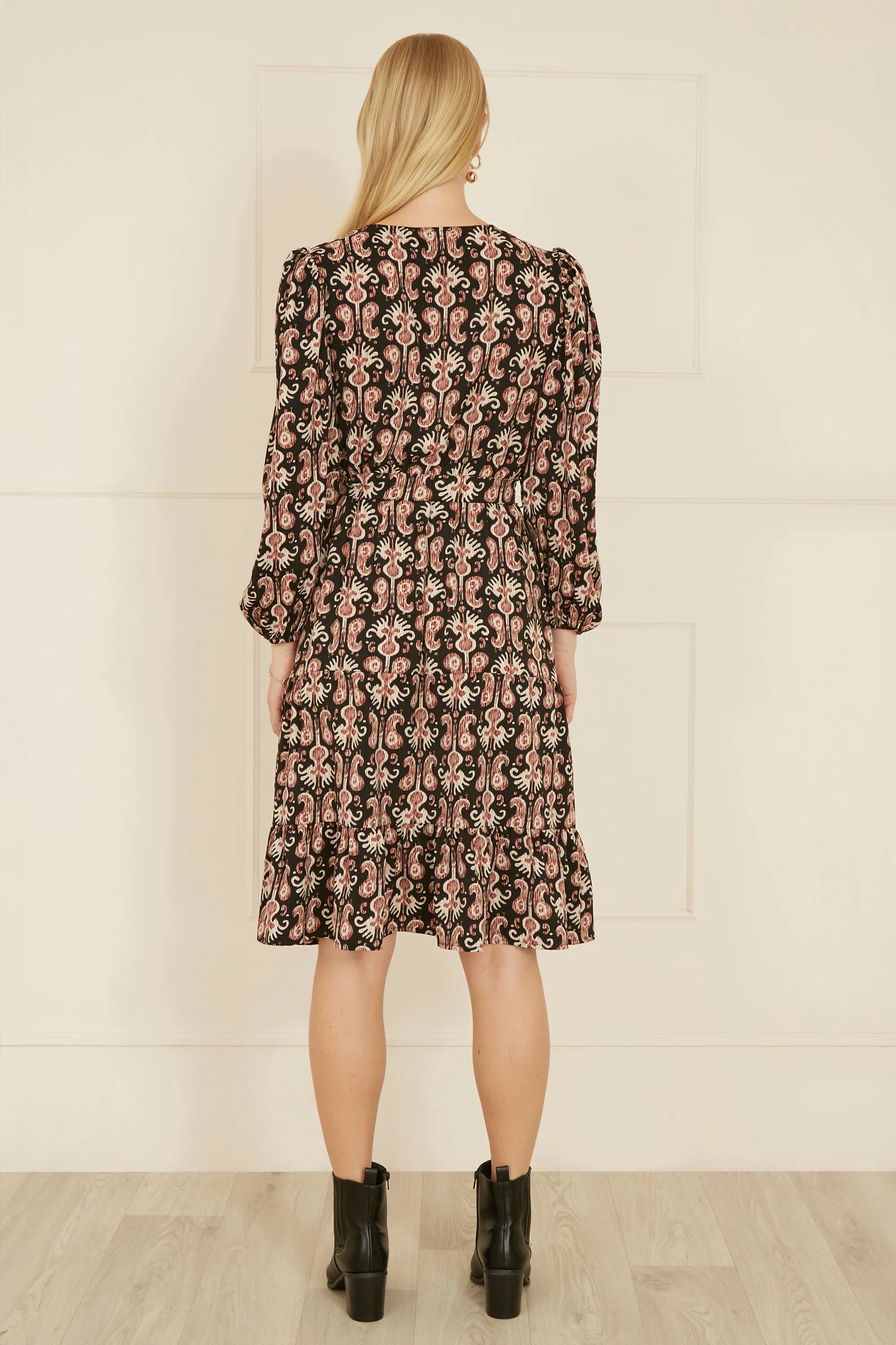 Yumi Black Ikat Long Sleeve Skater Dress - Image 3