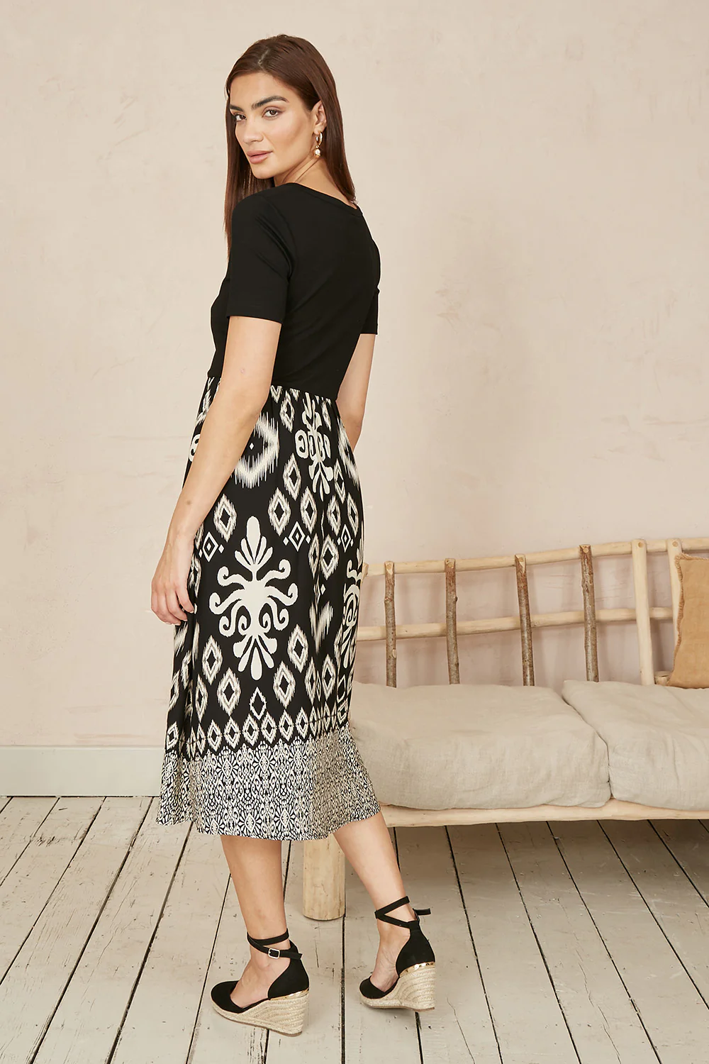 Yumi Black Jersey Stretch Top And Ikat Skirt Midi Dress - Image 4