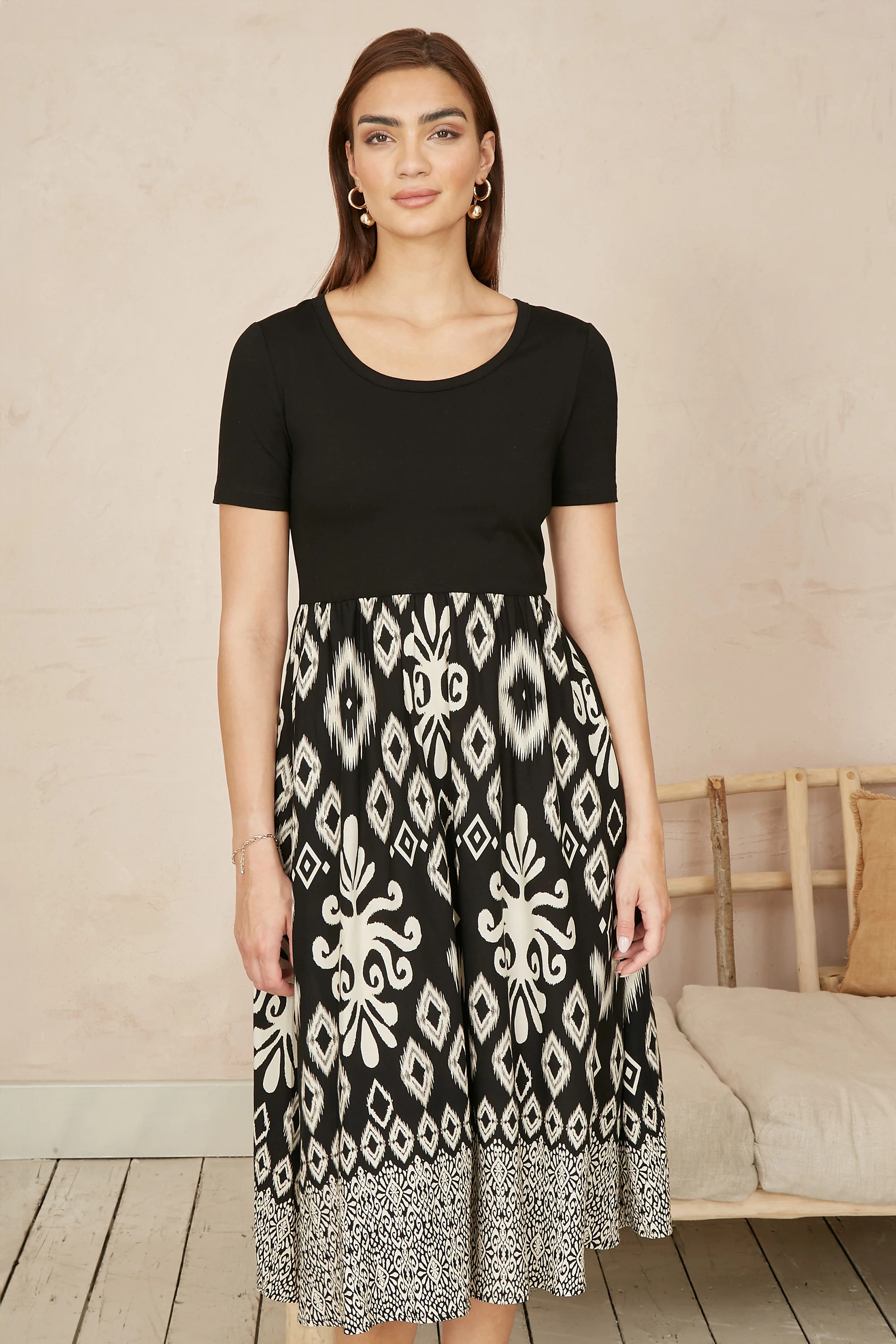 Yumi Black Jersey Stretch Top And Ikat Skirt Midi Dress - Image 5
