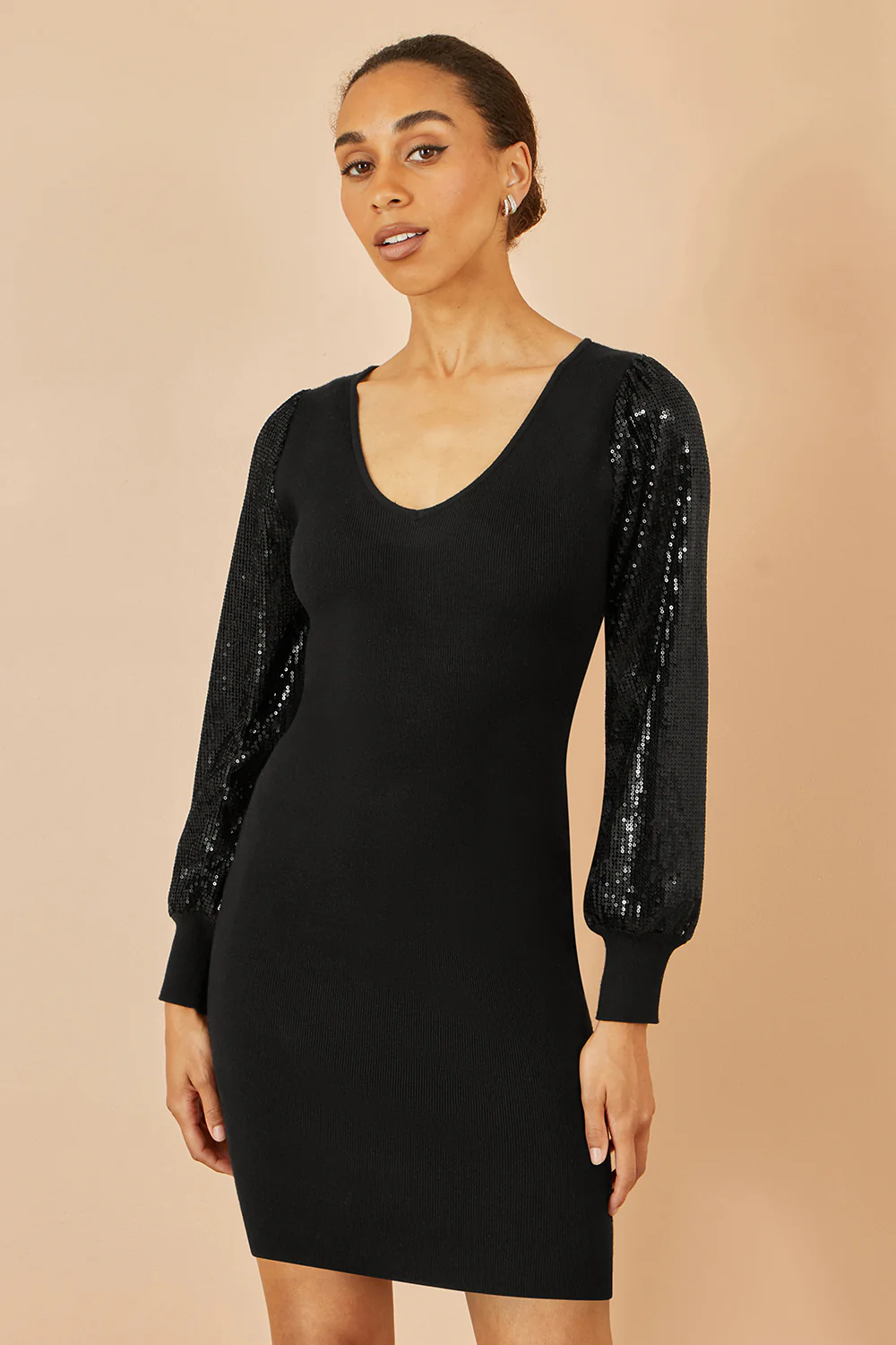 Yumi Black Knitted Fitted Dress With Sequin Sleeves - Image 3