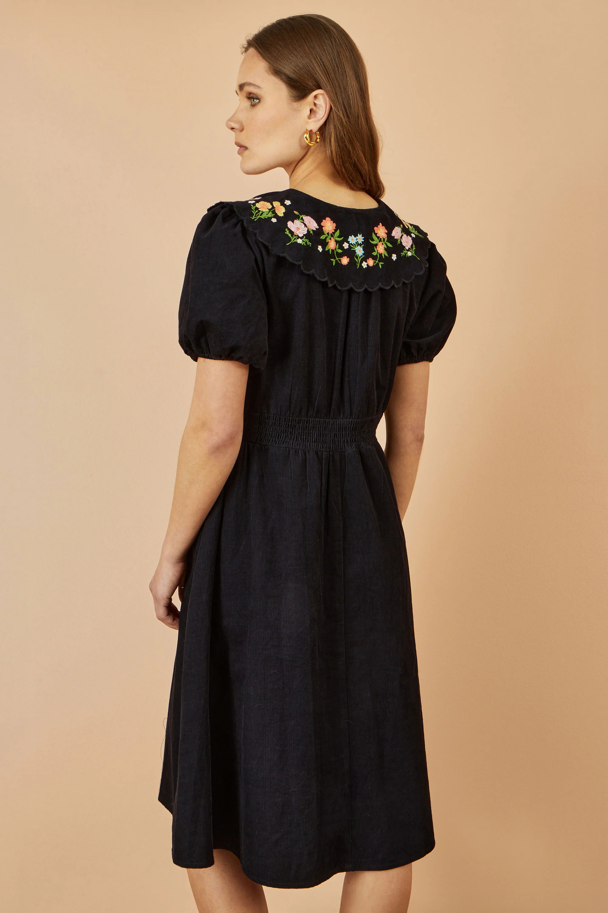 Yumi Black Long Sleeve Midi Dress With Floral Embroidery - Image 3