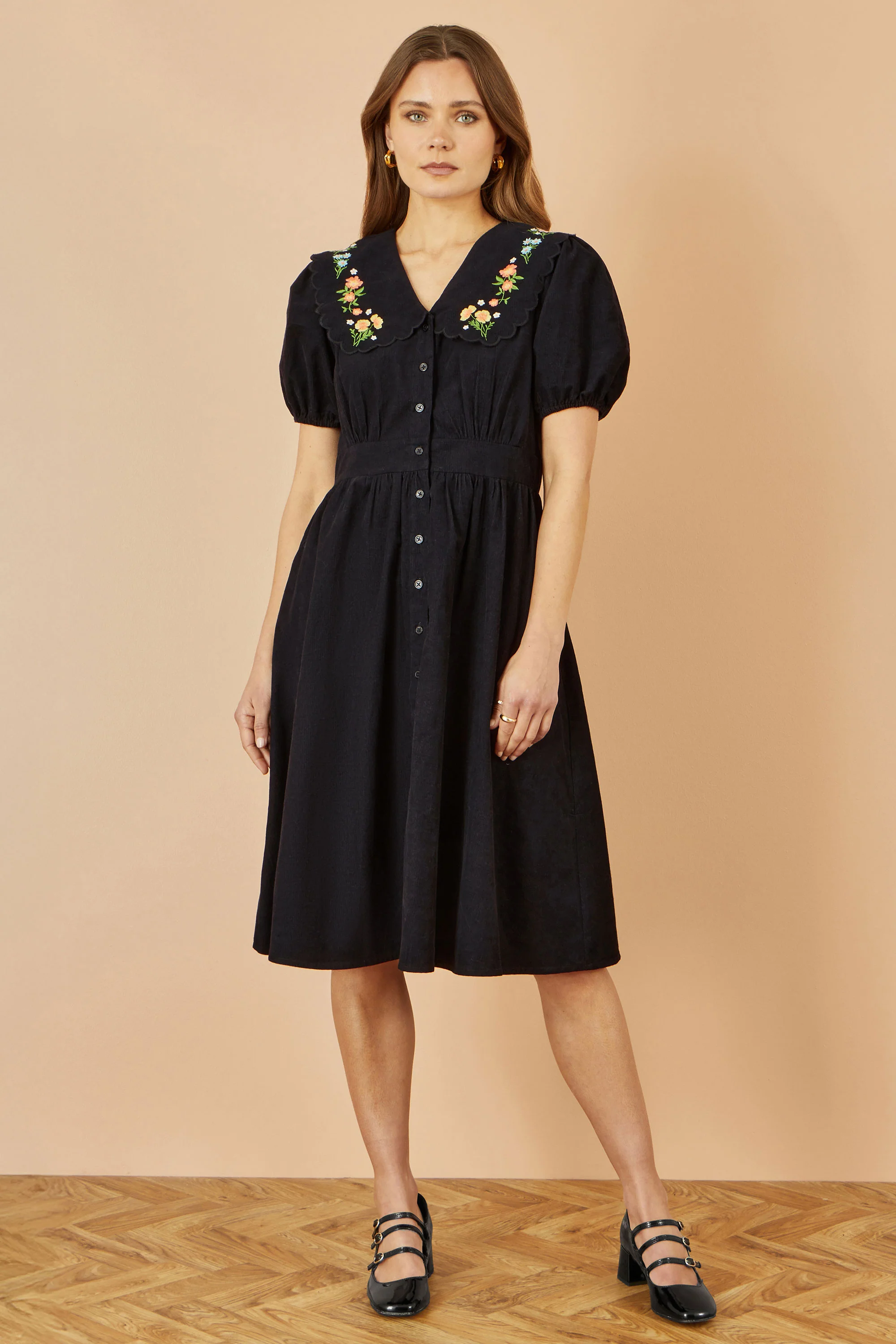 Yumi Black Long Sleeve Midi Dress With Floral Embroidery - Image 4