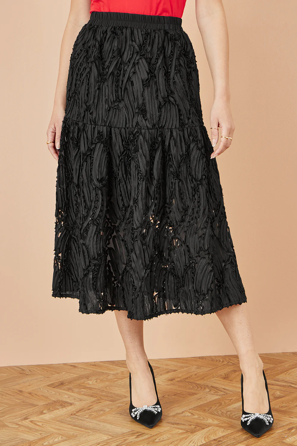 Yumi Black Mesh Applique Sequin Midi Skirt - Image 2
