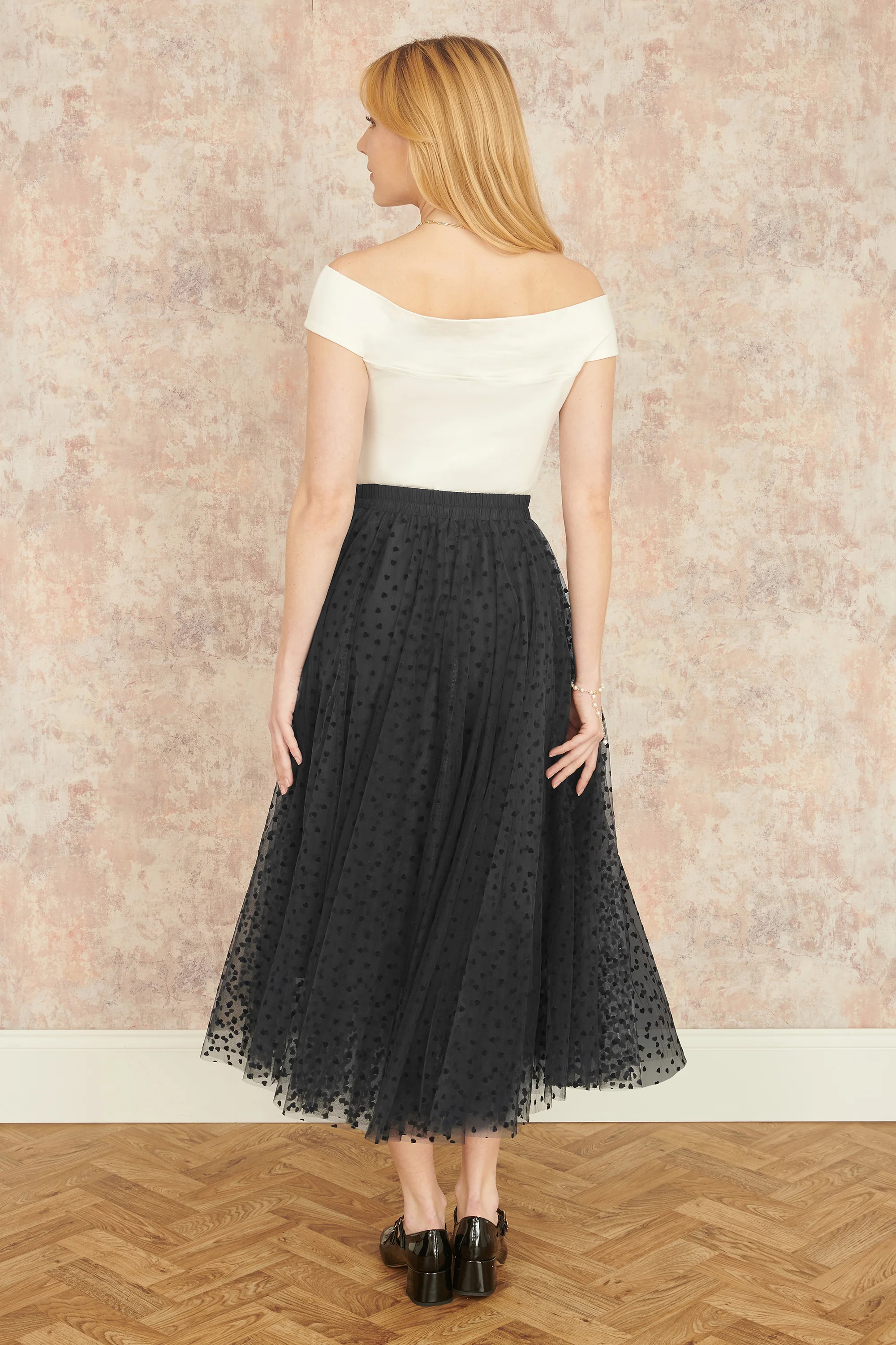 Yumi Black Mesh Heart Print Tulle Skirt - Image 3