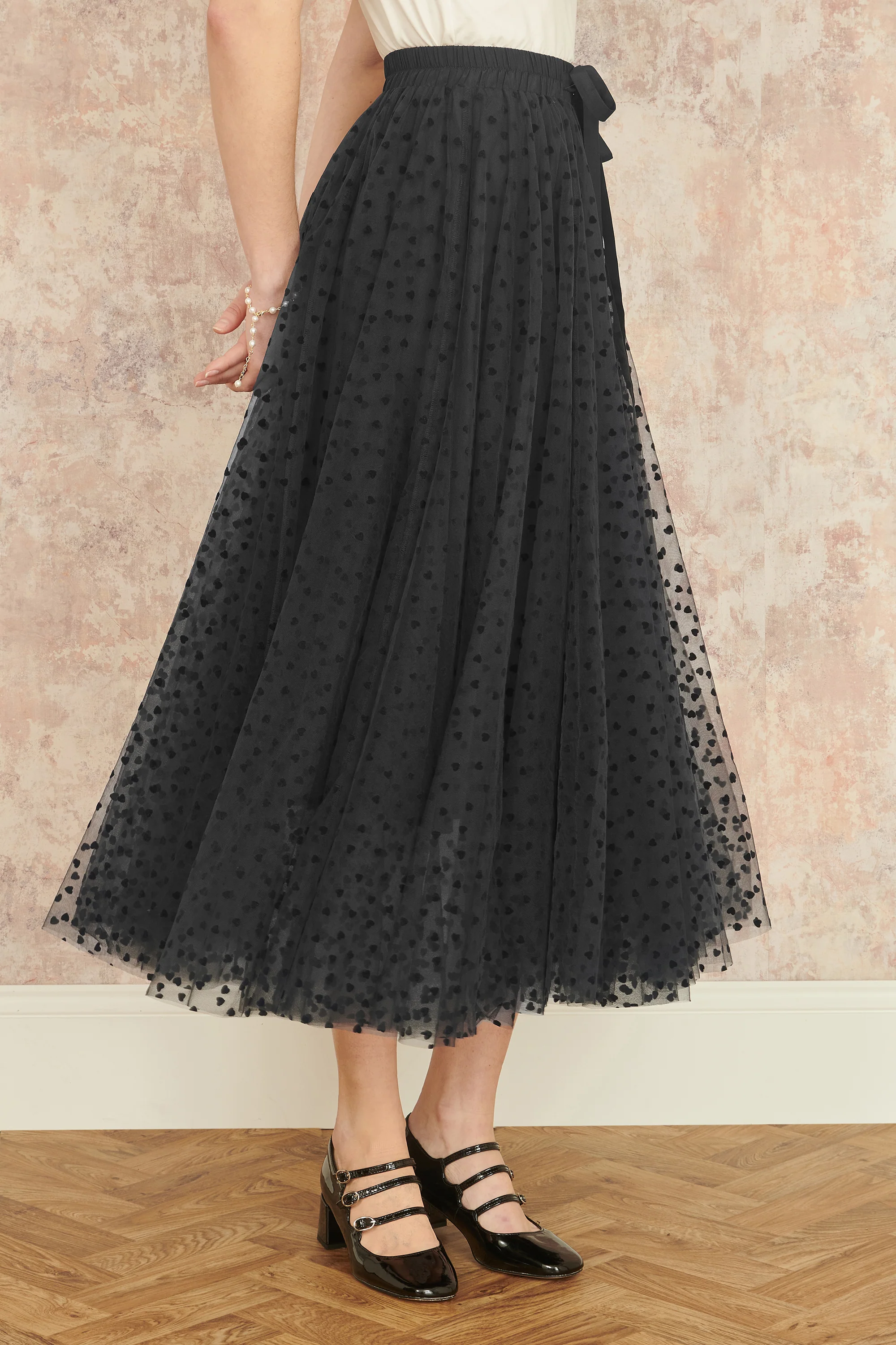 Yumi Black Mesh Heart Print Tulle Skirt - Image 4