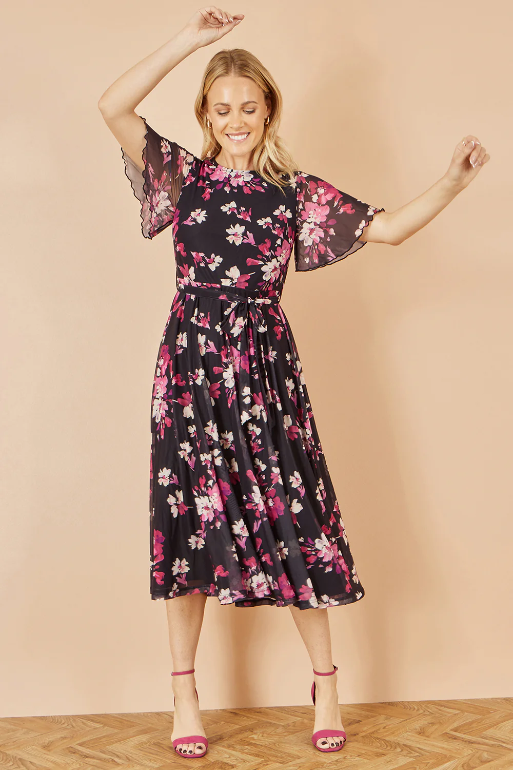 Yumi Black Mesh Skater Floral Midi Dress - Image 3