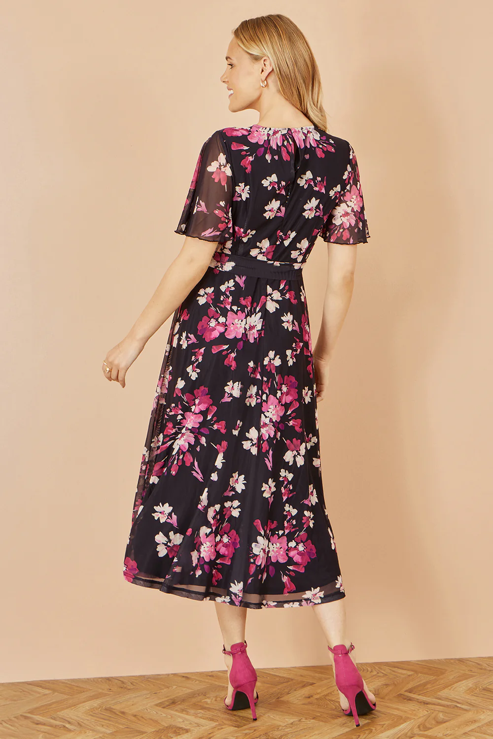 Yumi Black Mesh Skater Floral Midi Dress - Image 4