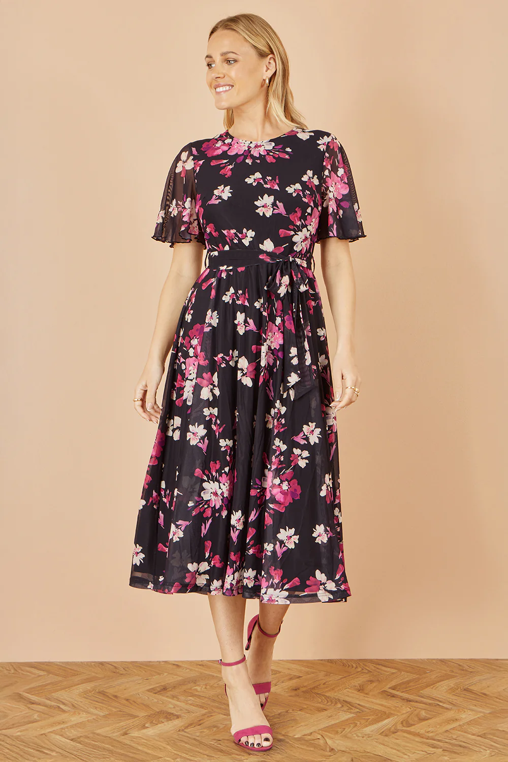 Yumi Black Mesh Skater Floral Midi Dress - Image 5